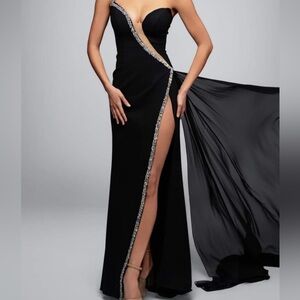 Jovani Black Strapless Evening Gown Crystal Trim High Slit Formal Dress